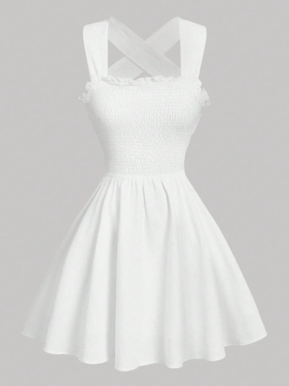White Smocked Square-Neck Mini Dress with Wide Crossed Straps in the Back Size M - Picture 2 of 6